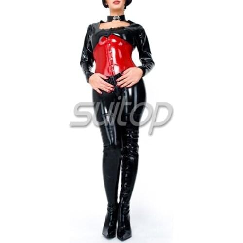 Suitop black latex catsuit with red corset