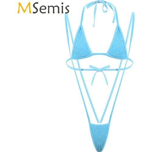 Womens Bikini Swimsuit Glitter Rhinestone Lingerie Suit Lace-up Bikini Swimwear Sunbathing Set Halter Neck Bra with G-string