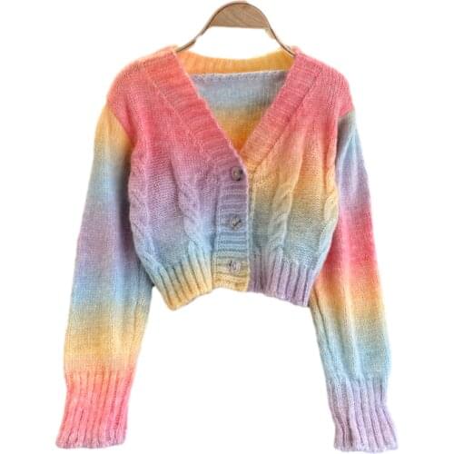 Merry Pretty Autumn Winter New Korean Gentle Wind Jacket Women Short All-match Rainbow Striped Knitted Cardigan Sweater Coat