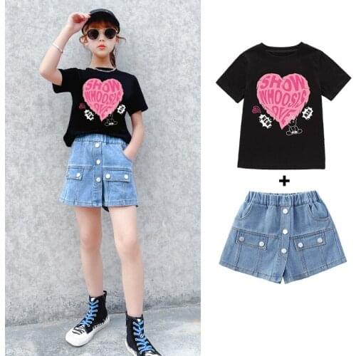 Summer Girls Clothing Short Sleeve 4 5 6 7 8 9 10 Year Old Printed Love T-Shirt+Denim Shorts 2Pcs Set Toddler Childrens Clothes