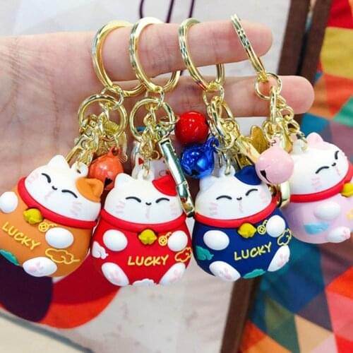 Lucky Beckoning Cat Bell Style Car Key Chain Key Ring Purse Bag Pendant Cartoon Lovely Decoration Accessories