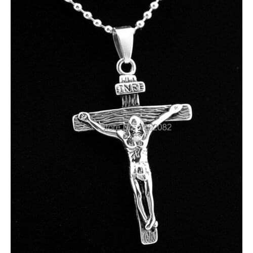 Fashion Vintage Silver Tone Stainless Steel CHRIST Jesus Cross Pendant Crucifix Cross Necklace Beads Chain Gift MN61