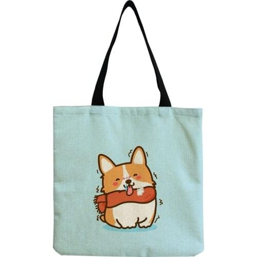 Can Custom Pattern Shoulder Bag Cute Cartoon Corgi Print Handbag Blue Linen Lady Satchel Tote High Capacity Shopping Bag Female