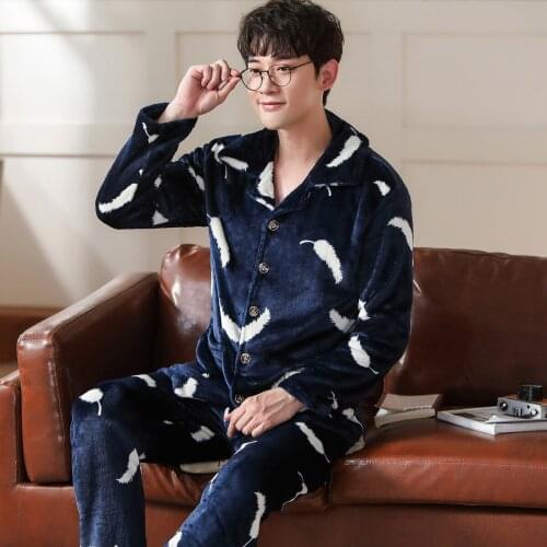 Mens Thick Flannel Pajamas Sample Sleepwear Feather Print Pajamas Set Casual Sleep&Lounge Pyjamas Plus Size 3XL Pijama Homewear
