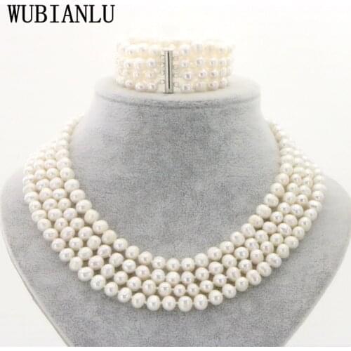 WUBIANLU 5 Styles 4 Row 7-8mm Freshwater Pearl Jewelry Set In Women Bracelet Necklace Costume Bridal Jewelry Set Pearl Beads
