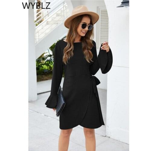 WYBLZ Autumn and Winter New Womens Clothing Pure Color Temperament Knitted Sexy Simple Dress Round Neck Dress Robe