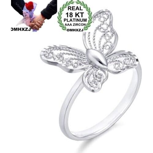 OMHXZJ Wholesale European Fashion Woman Girl Party Wedding Gift Lace Hollow Butterfly 18KT White Gold Ring RR676