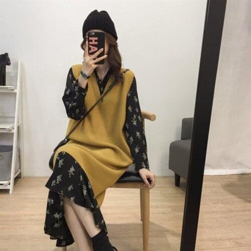 Autumn Women Maxi Floral Dress Two-piece Set Loose Knitted Vest Bottom Sweater and Long Black Dress V-neck Vintage Korean Large