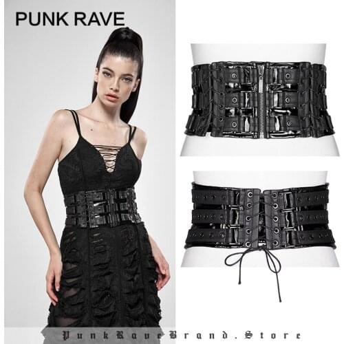 PUNK RAVE Womens Punk Heavy Metal Imprisonment Waist Girdle Patent Leather Personality Women Apparel Accessories