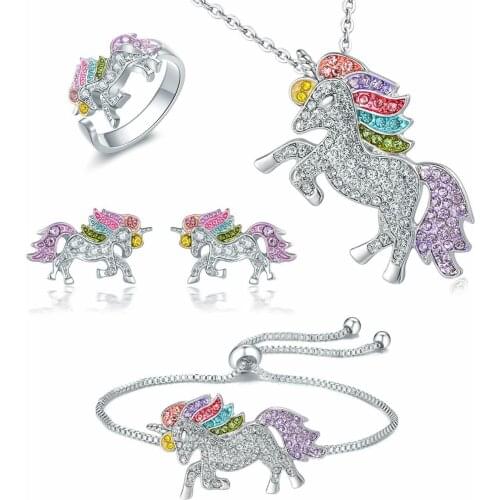 Luxury Crystal Unicorn Rings Necklace Bracelet Earrings Jewelry Set Cute Cartoon Rainbow Horse Accessories For Women Jewelry