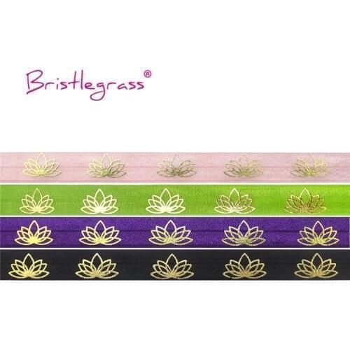 BRISTLEGRASS Wholesale 50 Yard 5/8" 15mm Lotus Flower Foil Print Fold Over Elastics FOE Spandex Bands Hair Tie Dress Sewing Trim