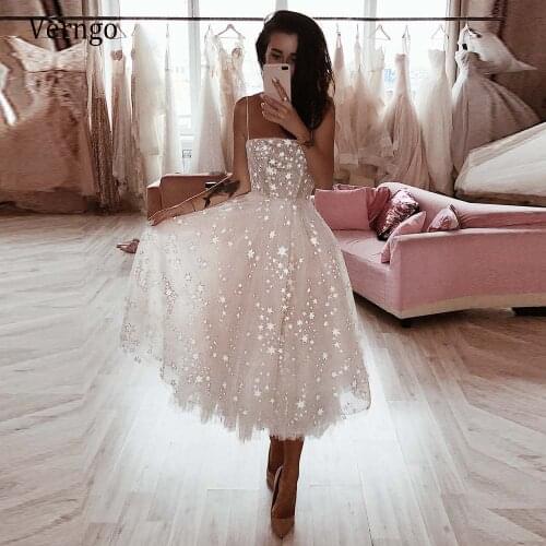Verngo Gorgeous Sparkly Middle Wedding Dress 2021 Stars Lace Short Bride Dress Glitter Formal Party Gowns Robe de mariee