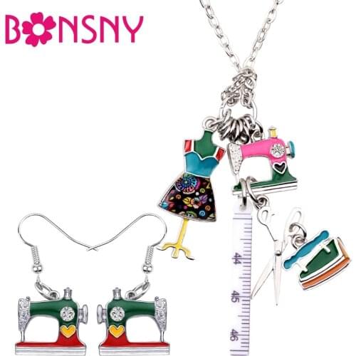 Bonsny Enamel Alloy Sewing Machine Tools Ruler Scissors Tailor Iron Earrings Necklace Retro Jewelry Sets For Women Girls Gift