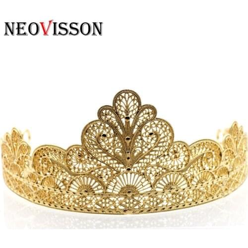 NEOVISSON Gold Silver Color Algerian Metal Flower Tiaras for Women Africa Wedding Crown Kids Gift