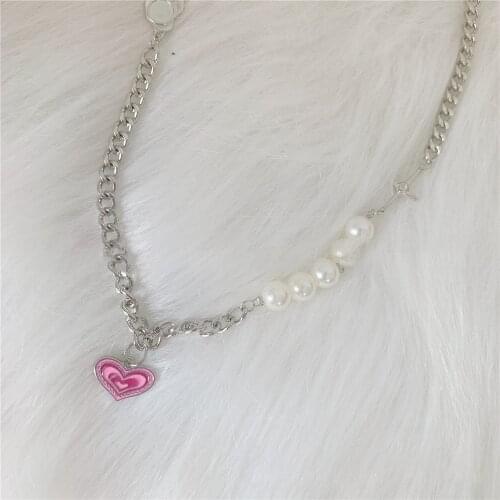 Harajuku Sweet Pink Heart Shape Pendant Necklace for Women Female Gift Party Fashion Neck Jewelry Vintage Cross Chains Necklaces