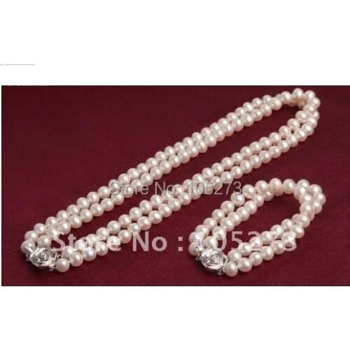 Pearl Jewelry AA 6-7MM White Genuine Freshwater Pearl Necklace Bracelet Jewelry Set Girls Womens Jewelry New Free Shipping