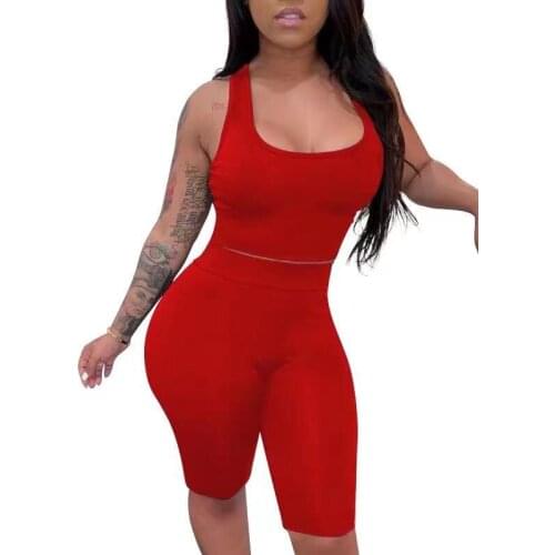 Womens Summer Casual Solid Vest Shorts Two-piece Suit Sexy Sport Tight Sleeveless Yoga Suit Quick Dry Running Sport Suit