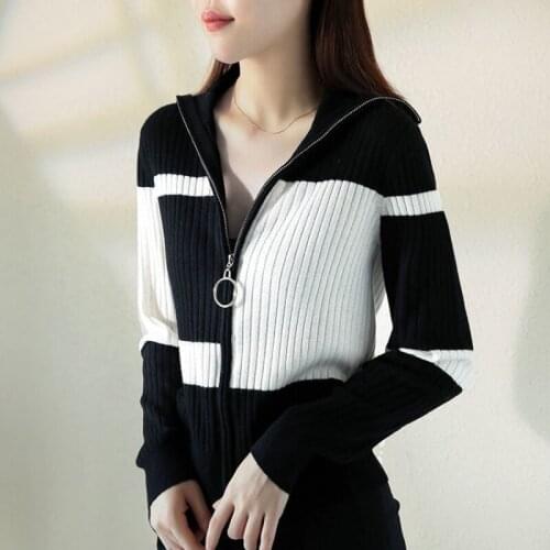 Spring And Autumn New Black And White Check Knitted Sweater Womens Lapel Temperament Zipper Cardigan