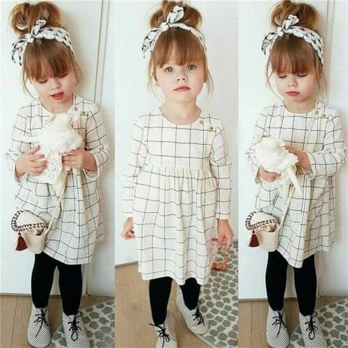 1-6Y Toddler Girls Dress Plaid Princess Dress Long Sleeve Crew collar A-line Dress Headband Sets Kids Party Casual Dresses