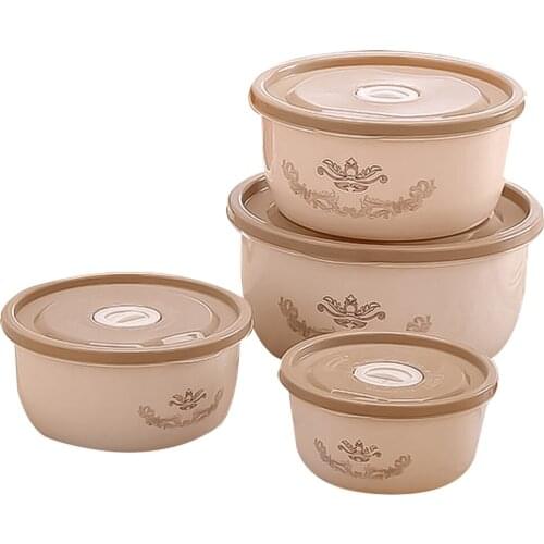 1 Set Of 4pcs Plastic Storage Box Refrigerator Storage Container Round Crisper Case For Home Office Kitchen Organzier (Khaki)