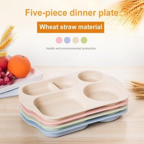 5Pcs/Set Baby Plate Wheat Straw Tray Children Kids Fruits Feeding Pratos Spoon