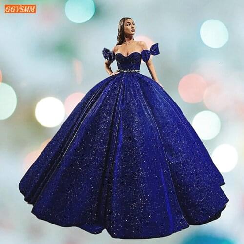 Sparkly Dark Royal Blue Evening Dress Long 2020 Off Shoulder Ball Gown Women Formal Dresses Banquet Custom Made Evening Gowns