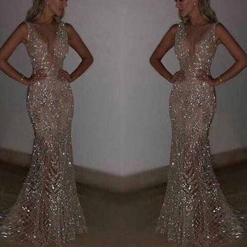 Sequins Golden Sexy V-Neck Mermaid Evening Dress Long Prom Party Dresses Backless Evening Gown Formal Dress Women Elegant