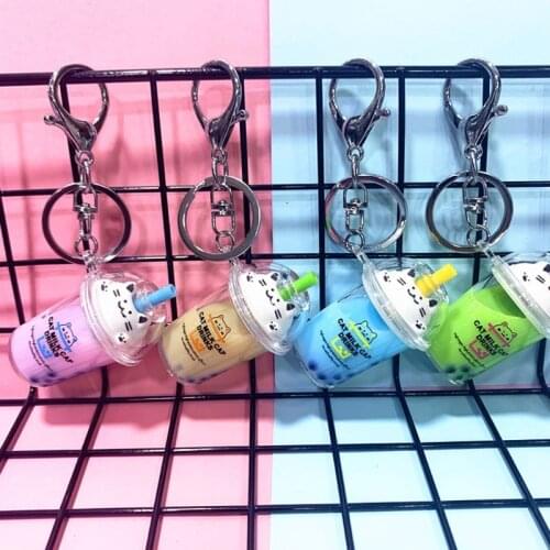 Key Ring Cute Mini Cartoon Cat Milk Tea Bottle Keychain Car Coffee Key Chain Pendant Bag Key Ring For Kids Women Gifts