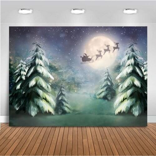 Christmas Photo Background Christmas Tree Moon Santas Sleigh on Gray Background Photography Backdrops Christmas Photobooth