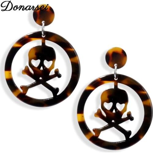 Donarsei Personality Hollow Skull Leopard Acrylic Earrings For Women Fashion Round Skeleton Acetate Drop Dangle Earrings Party