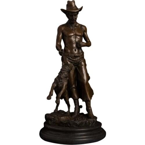 Ivorique DS-309 bronze metal craft sculpture western design cowboy with dog figurines sculpture for table decoration