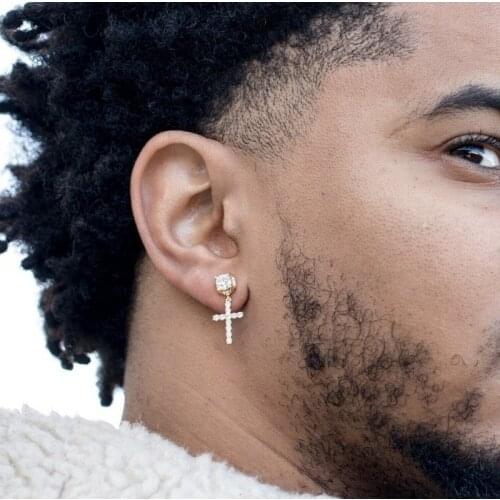 Mens 2pc 14K Gold 925 Sterling Silver White Topoaz Cross Drop Dangle Huggie Hoop Earrings Mens/Ladies Diamond Stud Earrings