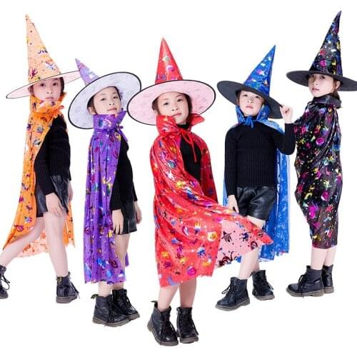 Kids Halloween Costume Witch Wizard Cloak Cape Top Pointed Hat Set Cosplay Party Magic Wands Girls Boys Magician Outfit