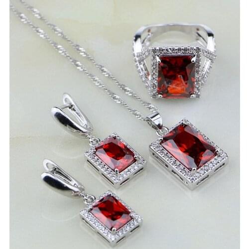 Natural Square Red Garnet Cubic Zirconia White CZ Sterling Silver Jewelry Sets For Women Wedding Earring/Pendant/Necklace/Ring