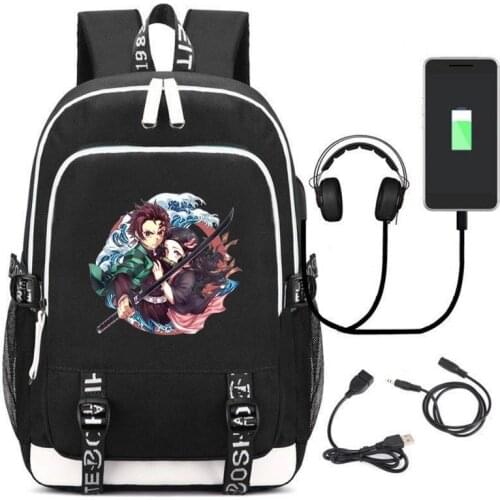 Black School Backpack Kimetsu No Yaiba Cosplay Backpack Rengoku Kyoujurou Printed USB Rechargeable Demon Slayer Character Print