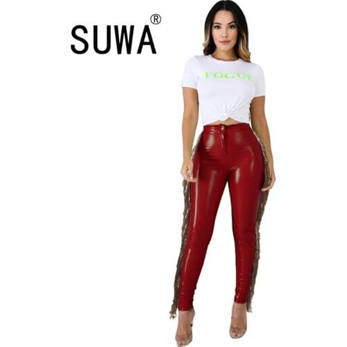 2020 Fall Winter Black PU Leather Pants Zipper Split Bottom Mid Waist Stretchy Tights Pencil Pants Women Trousers