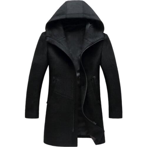 Autumn Winter British style mens wool coat New design Zipper Long trench coat Brand Clothing Top quality hooded woolen coat men