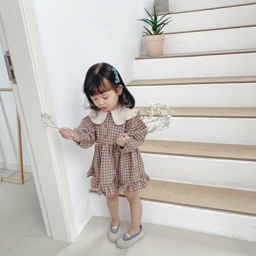 Girls' dresses 2021 new childrens clothing Korean version of the Korean plaid cotton and linen princess dress lotus leaf collar