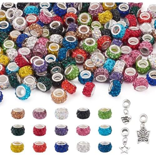 150pcs/Box Polymer Clay Rhinestone European Rondelle Large Hole Beads Mix Color for jewelry making with Tone Brass Cores