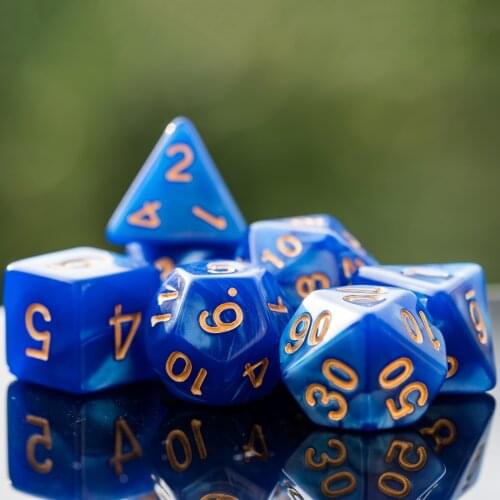 Poludie 7Pcs/Set Blue DND Dice Set Gold Font Polyhedral Dice D4 D6 D8 D10 D% D12 D20 for Role Playing Board Game D&D RPG MTG DND