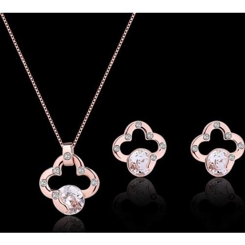Popular Crystal Inlaid Zircon Four Clover Double Peach Heart Necklace Earring Set Female Stainless Steel Alloy Hypoallergenic