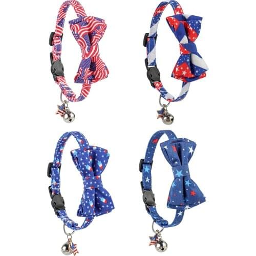 Adjustable American US Flag Breakaway Cat Collar and Bow Tie with Bell for Pets American Independence Days