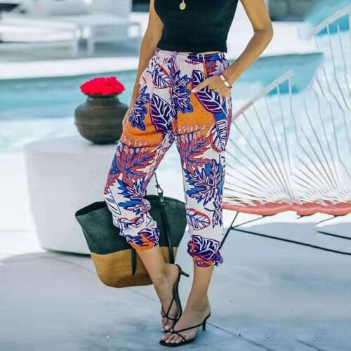 S-5XL Women Cotton Print Long Pants With Pockets Summer Beach Casual Ladies Loose Lacing Trouser Streetwear Pant Female Oversize