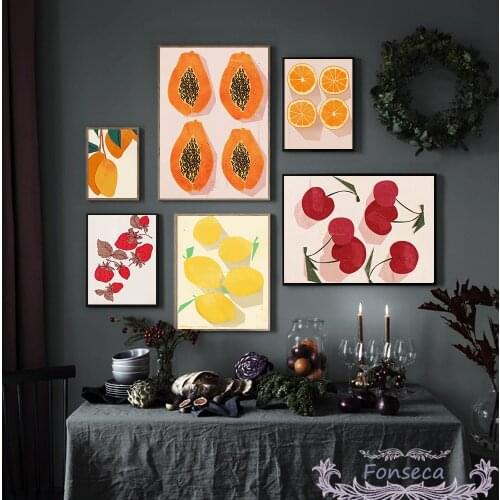 Nordic Fruit Kitchen Canvas Painting Mango Orange Lemon Cherry Papaya Posters and Prints Cartoon Wall Art Pictures for Nursery