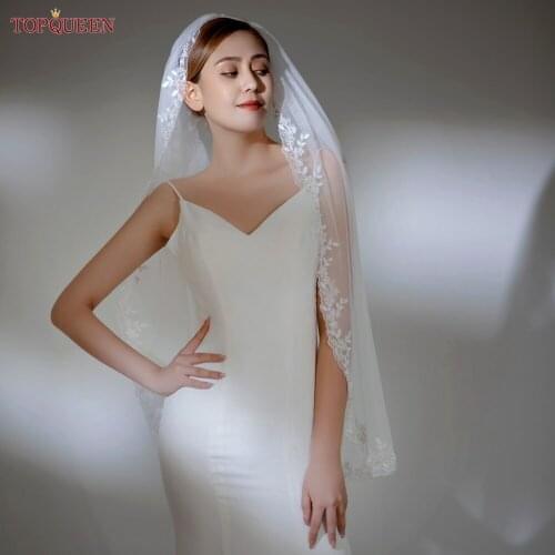 TOPQUEEN V51 Bridal Veil with Comb Lace Short Veil Elegant Veil Wedding Thin Scallop Lace Trim Floral French Soft Veil Lace