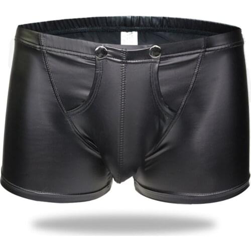Mens Boxers Sexy Gay Underwear Black Patent Leather Bikini Panties Man Detachable Capsule Pouch Underpants Cueca Calzoncillo