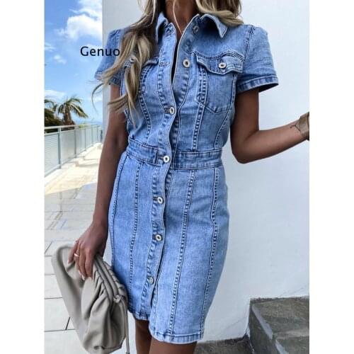 New Arrival Retro Denim Dress for Women Summer Short Sleeve Slim Jeans Dress Fashion Casual Stretch Dress Office Ladies Clothing