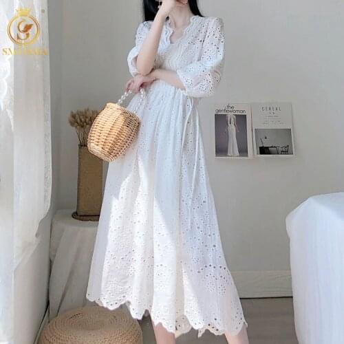 SMTHMA Elegant Sexy V Neck Embroidery Lace Hollow Out Women Pleated Tie Up Waist Summer Dress Casual Vestido Festa