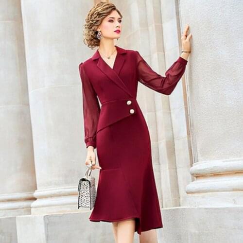 2021 Superior Quality Spring Autumn Office Lady Womens Clothing Dress Slim Long Sleeve Dresses Notched Collar Irregular Dress