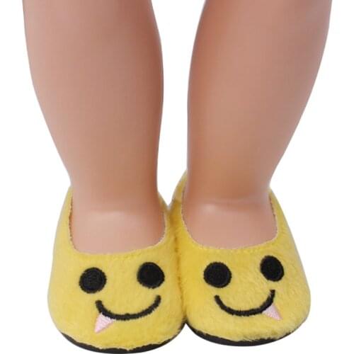 18 Inch American Doll Girls Shoes Cute Yellow Smiley Plush Shoes Newborn Baby Toys Accessories Fit 40-43 Cm Boy Dolls Gift s210